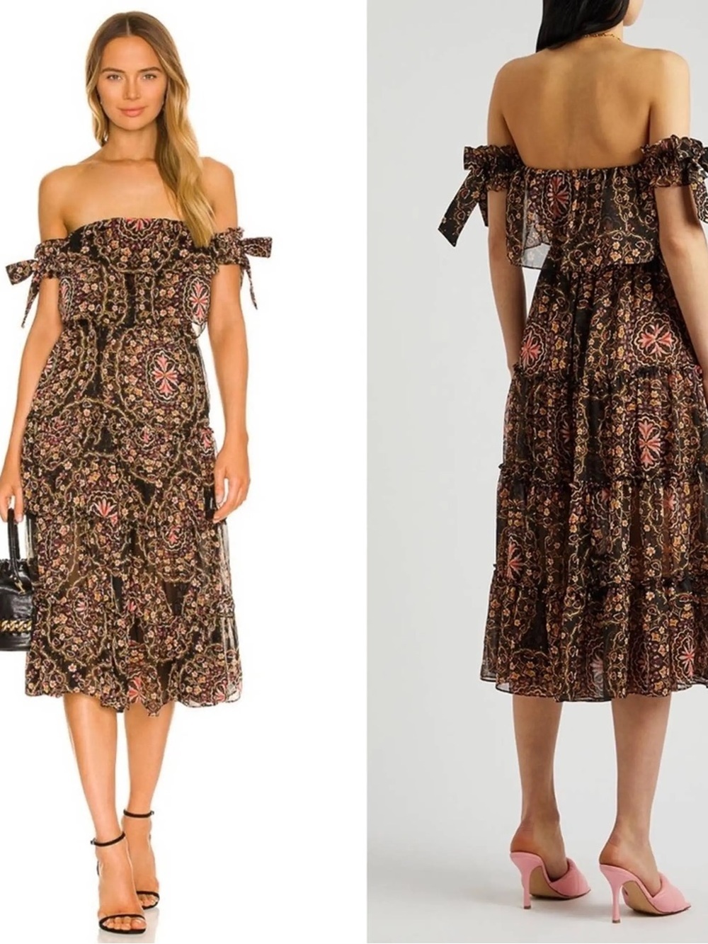 Misa Los Angeles Off-Shoulder Floral Midi Dress in Black and Pink